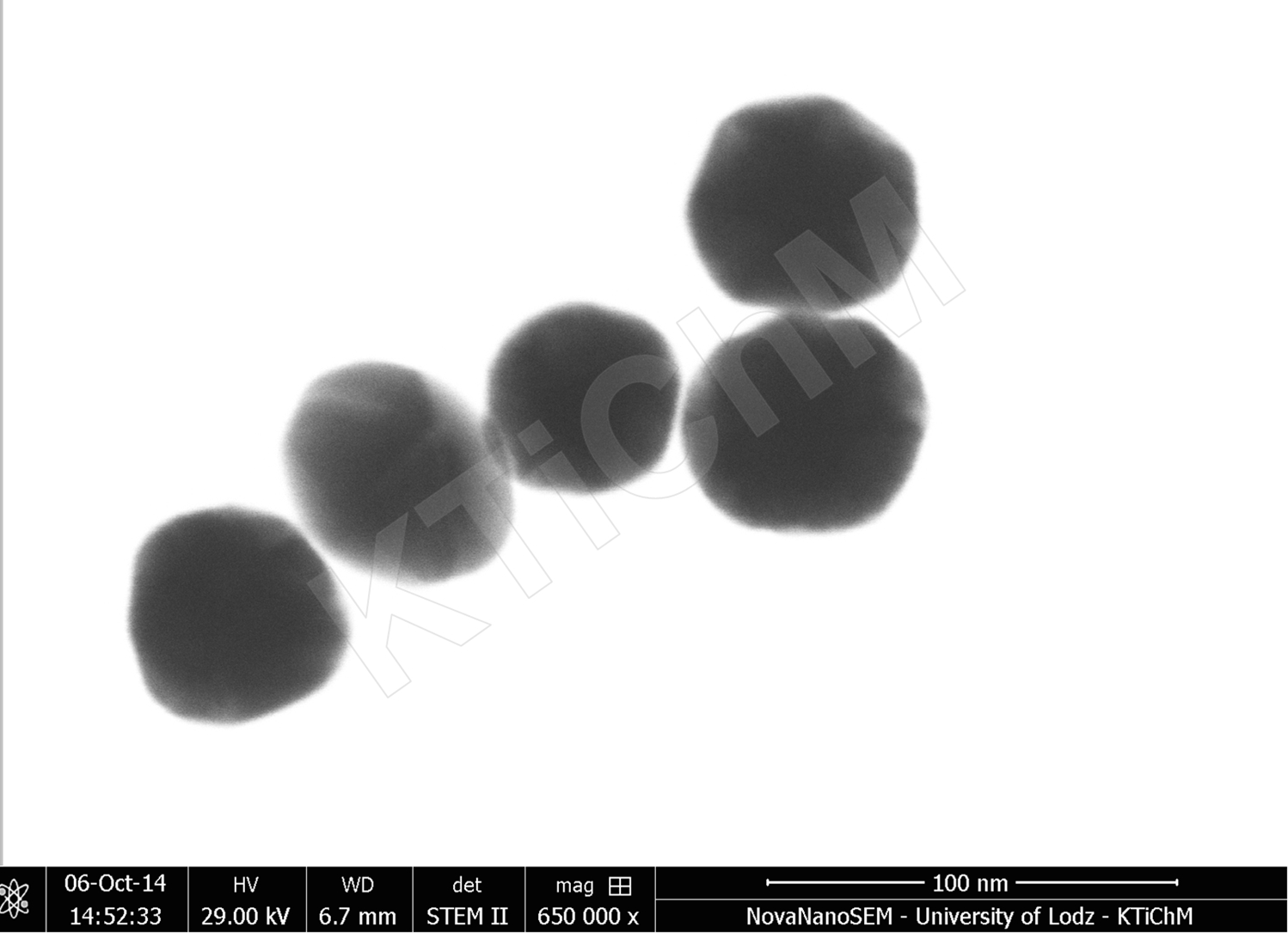 Nanocząstki złota (AuNP) o rozmiarze 50 nm,  zdeponowane na błonach węglowych, wytworzonych w KTiChM (STEM)