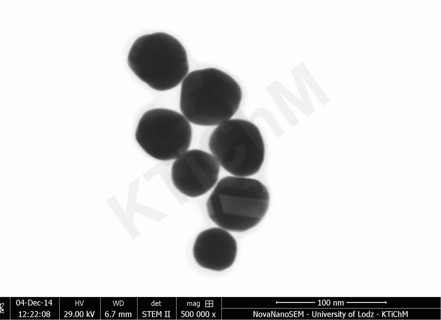Nanocząstki złota (AuNP) o rozmiarze 50 nm i 55 nm, zmodyfikowane tioglikolami, zdeponowane na błonach węglowych, wytworzonych w KTiChM (STEM)