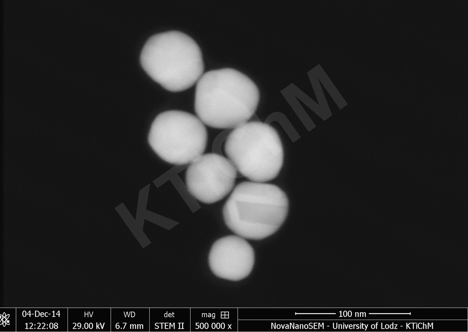 Nanocząstki złota (AuNP) o rozmiarze 50 nm i 55 nm, zmodyfikowane tioglikolami, zdeponowane na błonach węglowych, wytworzonych w KTiChM (STEM)