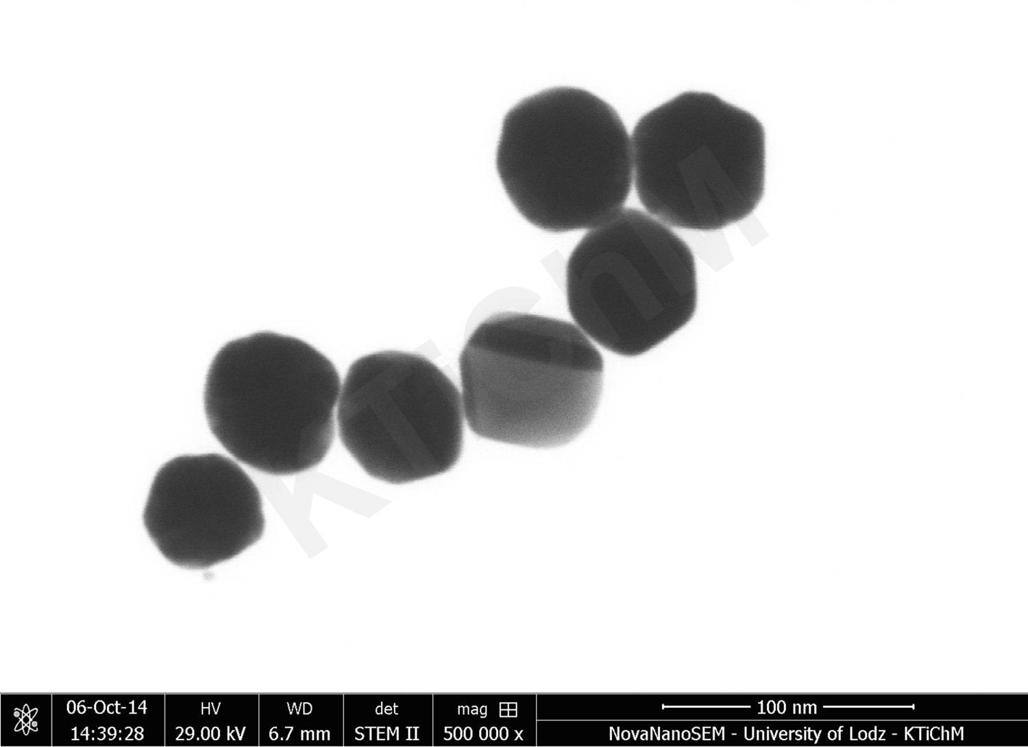 Nanocząstki złota (AuNP) o rozmiarze 50 nm i 55 nm, zmodyfikowane tioglikolami, zdeponowane na błonach węglowych, wytworzonych w KTiChM (STEM)