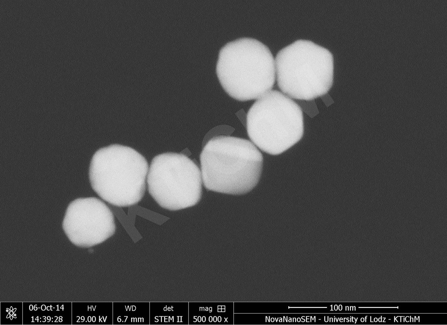 Nanocząstki złota (AuNP) o rozmiarze 50 nm i 55 nm, zmodyfikowane tioglikolami, zdeponowane na błonach węglowych, wytworzonych w KTiChM (STEM)