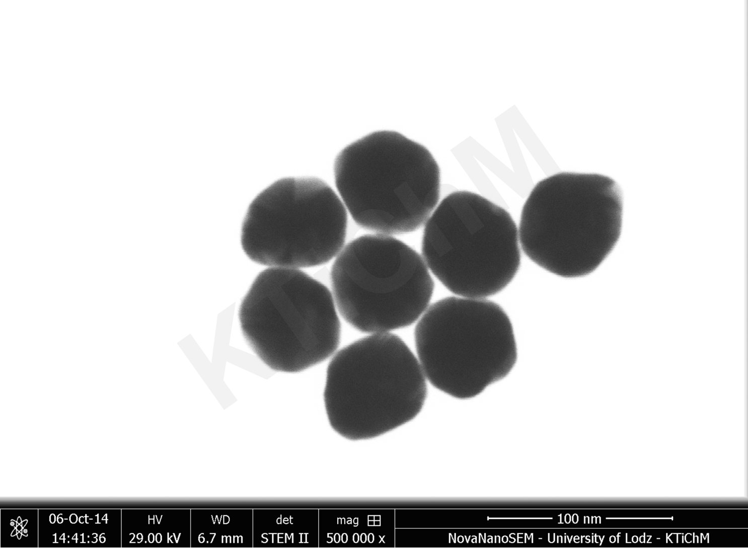 Nanocząstki złota (AuNP) o rozmiarze 50 nm i 55 nm, zmodyfikowane tioglikolami, zdeponowane na błonach węglowych, wytworzonych w KTiChM (STEM)