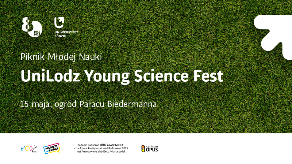 Grafika przedstawia trawnik z napisem Piknik Młodej Nauki UniLodz Young Science Fest
